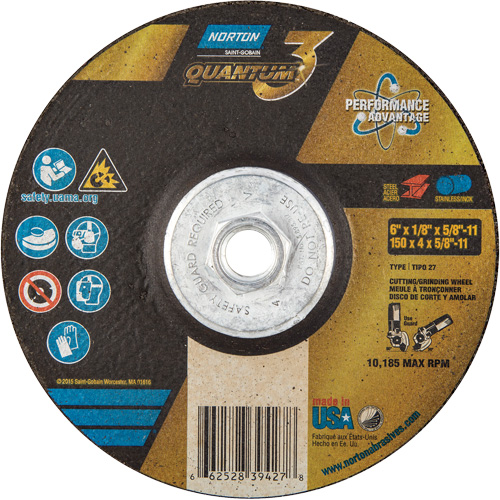 Quantum3 Grinding & Cutting Wheel, 6" x 1/8", 5/8"-11 Arbor, Type 27, 24 Grit, Ceramic Alumina Fastek
