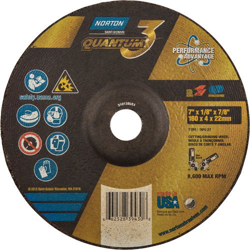 Quantum3 Grinding & Cutting Wheel, 7" x 1/8", 7/8" Arbor, Type 27, 24 Grit, Ceramic Alumina Fastek