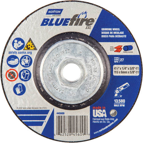 BlueFire&reg; XXL Grinding Wheel, 4-1/2" x 1/4", 5/8" Arbor, Ceramic Alumina, Type 27 Fastek