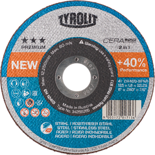 Premium Cerabond Cut-Off Wheel, 5" x 1/16", 7/8" Arbor, Type 27, Ceramic, 12250 RPM Fastek