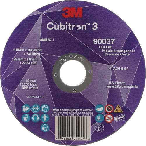 Cubitron 3 Cut-Off Wheel, 5" x 0.045", 7/8" Arbor, Type 1, Ceramic, 12250 RPM Fastek