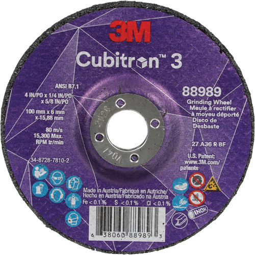 Cubitron 3 Depressed Centre Grinding Wheel, 4" x 1/4", 5/8" Arbor, Ceramic, Type T27 Fastek