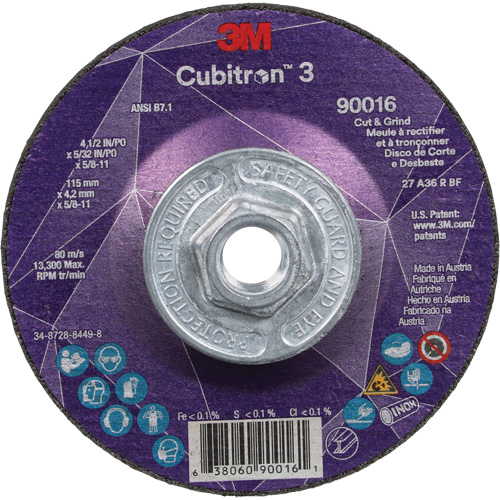 Cubitron 3 Cut & Grind Wheel, 4-1/2" x 5/32", 5/8"-11 Arbor, Type T27, 36+ Grit, Ceramic Fastek