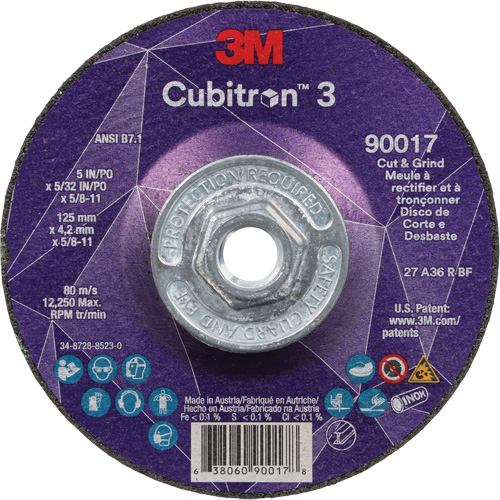 Cubitron 3 Cut & Grind Wheel, 5" x 5/32", 5/8"-11 Arbor, Type T27, 36+ Grit, Ceramic Fastek
