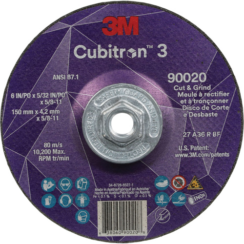 Cubitron 3 Cut & Grind Wheel, 6" x 5/32", 5/8"-11 Arbor, Type T27, 36+ Grit, Ceramic Fastek