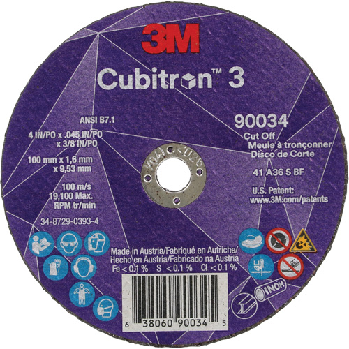 Meule &agrave; tronçonner Cubitron 3, 4" x 0,045", Arbre de 3/8", Type T1, C&eacute;ramique, 21000 Tr/min Fastek