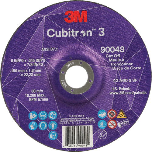 Cubitron 3 Cut-Off Wheel, 6" x 0.045", 7/8" Arbor, Type T27, Ceramic, 10200 RPM Fastek