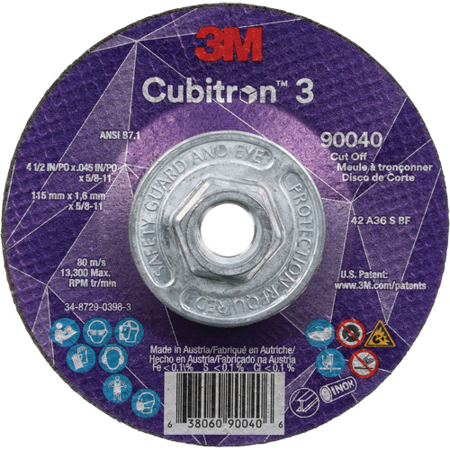 Cubitron 3 Cut-Off Wheel, 4-1/2" x 0.045", 5/8"-11 Arbor, Type T27, Ceramic, 13300 RPM Fastek