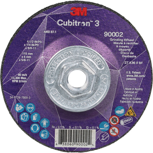 Cubitron 3 Depressed Centre Grinding Wheel, 4-1/2" x 1/4", 5/8"-11 Arbor, Ceramic, Type T27 Fastek