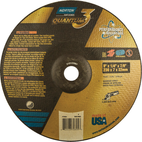 Quantum 3 SG Depressed Center Grinding Wheel, 9" x 1/4", 7/8" Arbor, Type 28, Ceramic, 6600 RPM Fastek