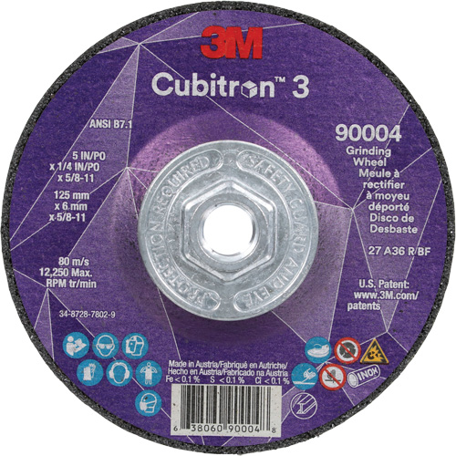 Cubitron 3 Depressed Centre Grinding Wheel, 5" x 0.25", 5/8"-11 Arbor, Ceramic, Type T27 Fastek