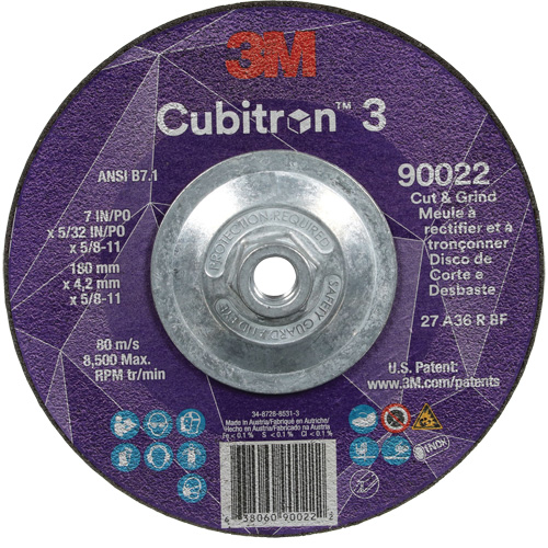 Cubitron 3 Cut and Grind Wheel, 7" x 5/32", 5/8"-11 Arbor, Type 27, 36 Grit, Ceramic Fastek