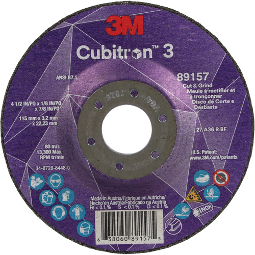 Cubitron 3 Cut and Grind Wheel, 4-1/2" x 1/8", 7/8" Arbor, Type 27, 36 Grit, Ceramic Fastek