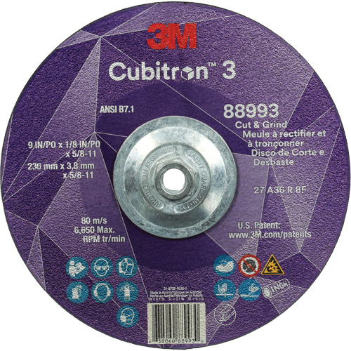 Cubitron 3 Cut and Grind Wheel, 9" x 1/8", 5/8"-11 Arbor, Type 27, 36 Grit, Ceramic Fastek