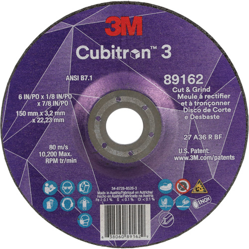 Cubitron 3 Cut and Grind Wheel, 6" x 1/8", 7/8" Arbor, Type 27, 36 Grit, Ceramic Fastek