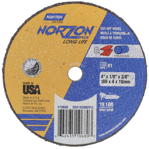 NorZon Plus SGZ CA Small Diameter Cut-Off Wheel, 4" x 1/8", 3/8" Arbor, Type 01/41, Ceramic Alumina, 19100 RPM Fastek