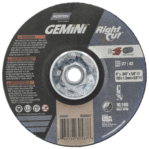 Gemini RightCut Right Angle Cut-Off Wheel, 6" x 0.045", 5/8"-11 Arbor, Type 27/42, Aluminum Oxide, 10185 RPM Fastek