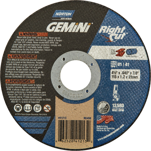 Gemini RightCut Right Angle Cut-Off Wheel, 4-1/2" x 0.045", 7/8" Arbor, Type 01/41, Aluminum Oxide, 13580 RPM Fastek