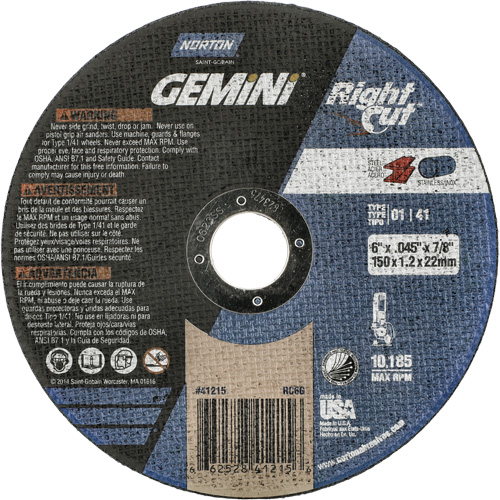 Gemini RightCut Right Angle Cut-Off Wheel, 6" x 0.045", 7/8" Arbor, Type 01/41, Aluminum Oxide, 10185 RPM Fastek