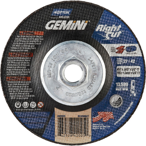 Gemini RightCut Right Angle Cut-Off Wheel, 4-1/2" x 0.045", 5/8"-11 Arbor, Type 27/42, Aluminum Oxide, 13580 RPM Fastek