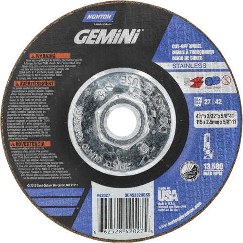 Gemini INOX/SS Right Angle Cut-Off Wheel, 4-1/2" x 3/32", 5/8"-11 Arbor, Type 27/42, Aluminum Oxide, 13580 RPM Fastek