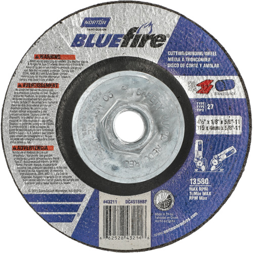 BlueFire Grinding & Cutting Wheel, 4-1/2" x 1/8", 5/8"-11 Arbor, Type 27, Zirconia Alumina Fastek