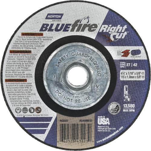 BlueFire RightCut Right Angle Cut-Off Wheel, 4-1/2" x 1/16", 5/8"-11 Arbor, Type 27/42, Aluminum Oxide, 13580 RPM Fastek