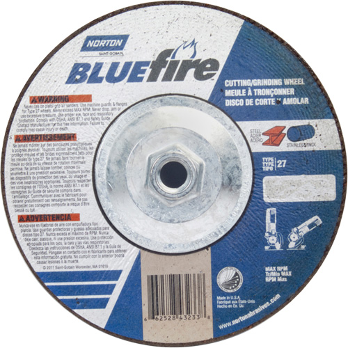 BlueFire Grinding & Cutting Wheel, 7" x 1/8", 5/8"-11 Arbor, Type 27, Zirconia Alumina Fastek