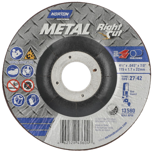 Metal RightCut Right Angle Cut-Off Wheel, 4-1/2" x 0.045", 7/8" Arbor, Type 27, Aluminum Oxide, 13580 RPM Fastek