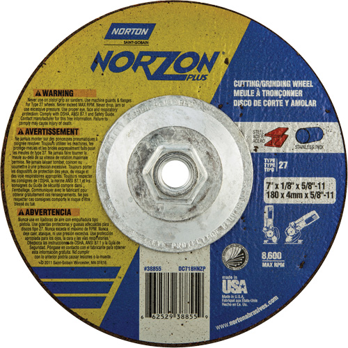 NorZon Plus SGZ  Grinding & Cutting Wheel, 7" x 1/8", 5/8"-11 Arbor, Type 27, Ceramic Alumina Fastek