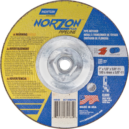 NorZon Plus SGZ Right Angle Cut-Off Wheel, 7" x 1/8", 5/8"-11 Arbor, Type 27/42, Ceramic Alumina, 8600 RPM Fastek