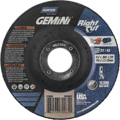 Gemini RightCut Right Angle Cut-Off Wheel, 4-1/2" x 0.045", 7/8" Arbor, Type 27/42, Aluminum Oxide, 13580 RPM Fastek