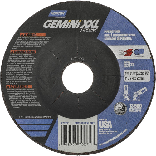 Gemini XXL Grinding & Cutting Wheel, 4-1/2" x 1/8", 7/8" Arbor, Type 27, Aluminum Oxide Fastek