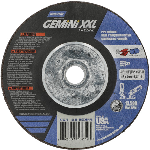 Gemini XXL Grinding & Cutting Wheel, 4-1/2" x 1/8", 5/8"-11 Arbor, Type 27, Aluminum Oxide Fastek