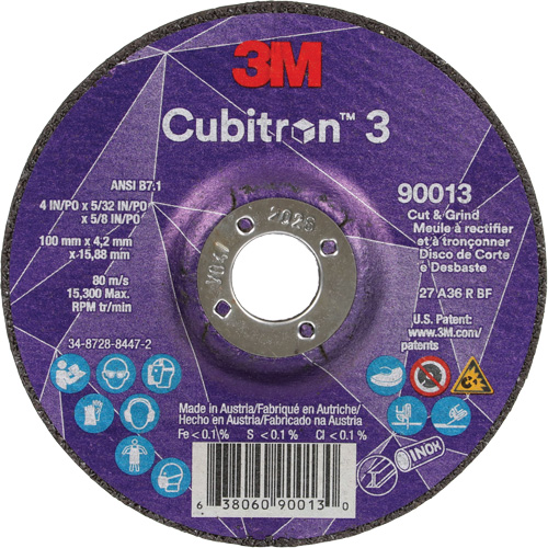 Cubitron 3 Cut & Grind Wheel, 4" x 39/250", 5/8" Arbor, Type 27, 36 Grit, Ceramic Fastek