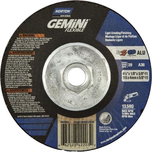 Gemini Flexible A AO Grinding and Cutting Wheel, 4-1/2" x 1/8", 5/8"-11 Arbor, Type 29, Aluminum Oxide, 13580 RPM Fastek