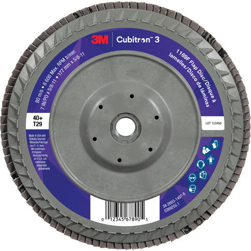 Cubitron 3 Conical  Flap Disc with Quick Change 1169F, 7" x 5/8"-11, Type T29, 40+ Grit, Ceramic Fastek