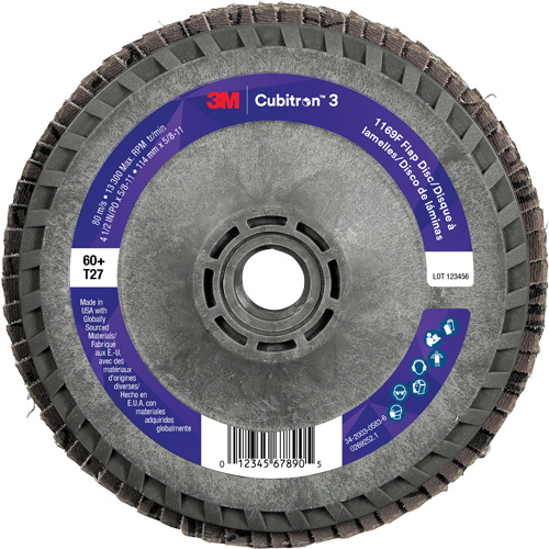 Cubitron 3 Flat Flap Disc with Quick Change 1169F, 4-1/2" x 5/8"-11, Type T27, 60+ Grit, Ceramic Fastek