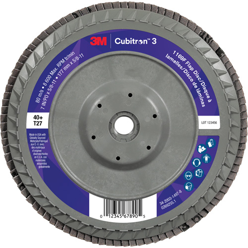 Cubitron 3 Flat Flap Disc with Quick Change 1169F, 7" x 5/8"-11, Type T27, 40+ Grit, Ceramic Fastek