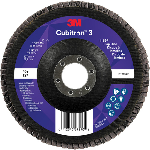 Cubitron 3 Flat Flap Disc 1169F, 5" x 7/8", Type T27, 40+ Grit, Ceramic Fastek