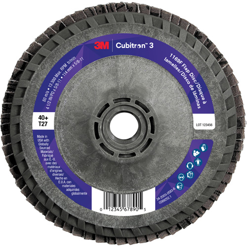 Cubitron 3 Flat Flap Disc with Quick Change 1169F, 4-1/2" x 5/8"-11, Type T27, 40+ Grit, Ceramic Fastek