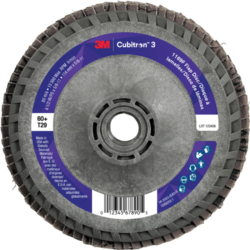 Cubitron 3 Conical  Flap Disc with Quick Change 1169F, 4-1/2" x 5/8"-11, Type T29, 60+ Grit, Ceramic Fastek