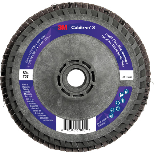 Cubitron 3 Flat Flap Disc with Quick Change 1169F, 4-1/2" x 5/8"-11, Type T27, 80+ Grit, Ceramic Fastek
