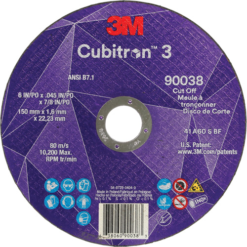 Cubitron 60+ Grit 3 Cut-Off Wheel, 6" x 0.045", 7/8" Arbor, Type T1, Ceramic, 10200 RPM Fastek