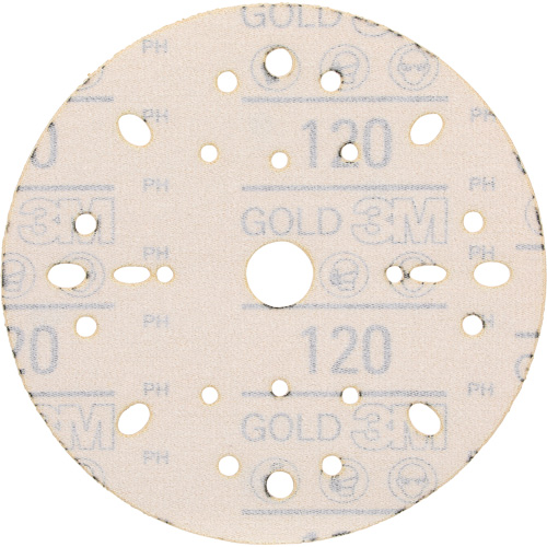 Hookit Gold Abrasive Disc, 6" Dia., 120 Grit, Aluminum Oxide, C-Weight Fastek