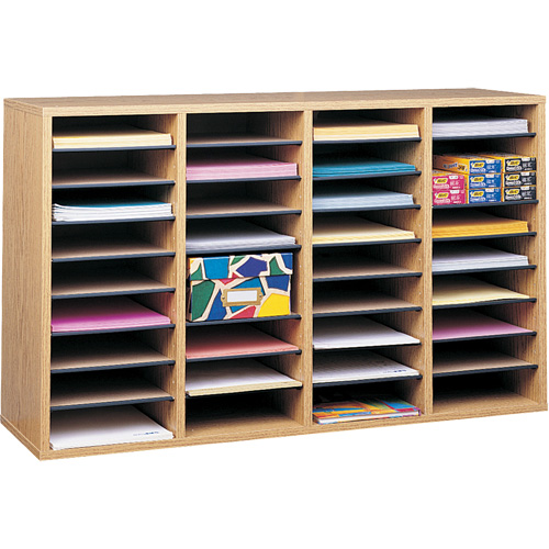 Adjustable Compartment Literature Organizer, Stationary, 36 Slots, Wood, 39-1/4" W x 11-3/4" D x 24" H Fastek