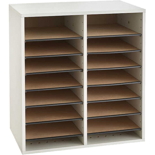 Adjustable Compartment Literature Organizer, Stationary, 16 Slots, Wood, 19-1/2" W x 11-3/4" D x 21" H Fastek