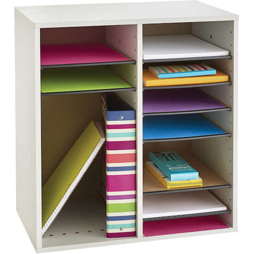 Adjustable Compartment Literature Organizer, Stationary, 16 Slots, Wood, 19-1/2" W x 11-3/4" D x 21" H Fastek