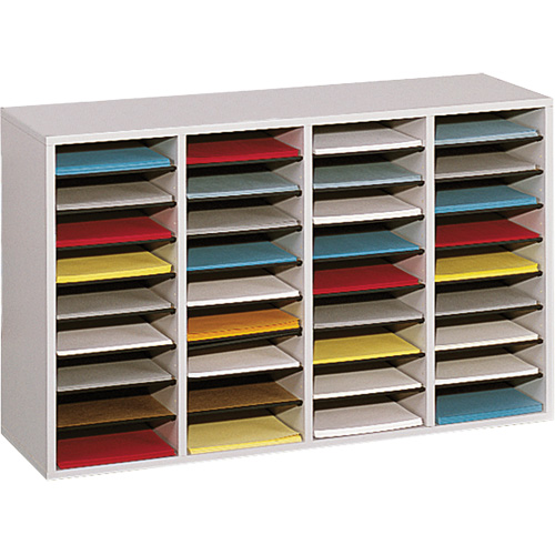 Adjustable Compartment Literature Organizer, Stationary, 36 Slots, Wood, 39-1/4" W x 11-3/4" D x 24" H Fastek