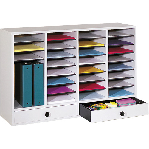 Adjustable Compartment Literature Organizer, Stationary, 34 Slots, Wood, 39-1/4" W x 11-3/4" D x 25-1/4" H Fastek